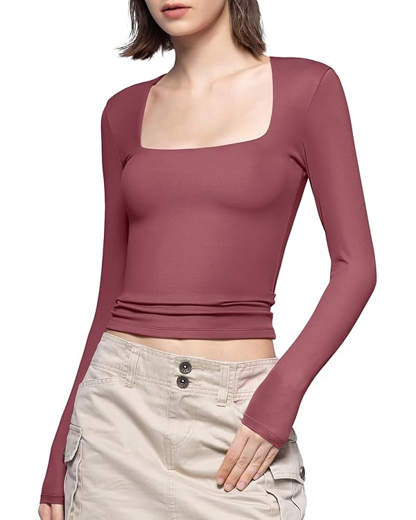 PUMIEY Women's Square Neck Long Sleeve T Shirts Slim Fit Tops Basic Tee Smoke Cloud Pro Collectio... | Amazon (US)