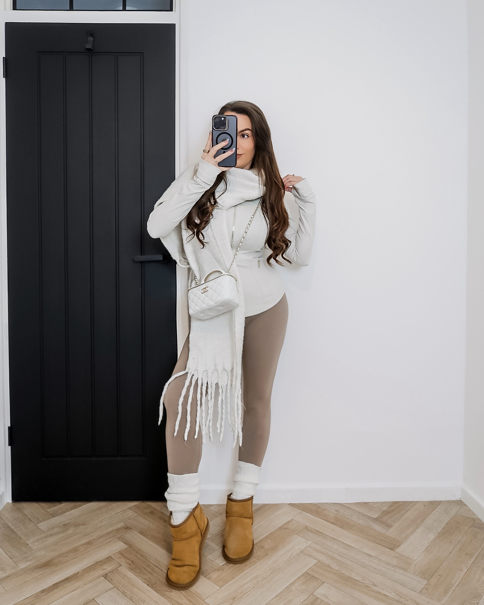 white Lululemon jacket outfit, beige leggings outfit, neutral athleisure look, cream cable knit socks, chestnut Ugg boots outfit, white chunky wool scarf, Chanel vanity bag outfit, soft neutral layers, elevated athleisure style, cosy chic outfit, minimalist morning outfit, clean girl aesthetic, neutral capsule wardrobe 

#LTKuk #LTKfitness #LTKwinter