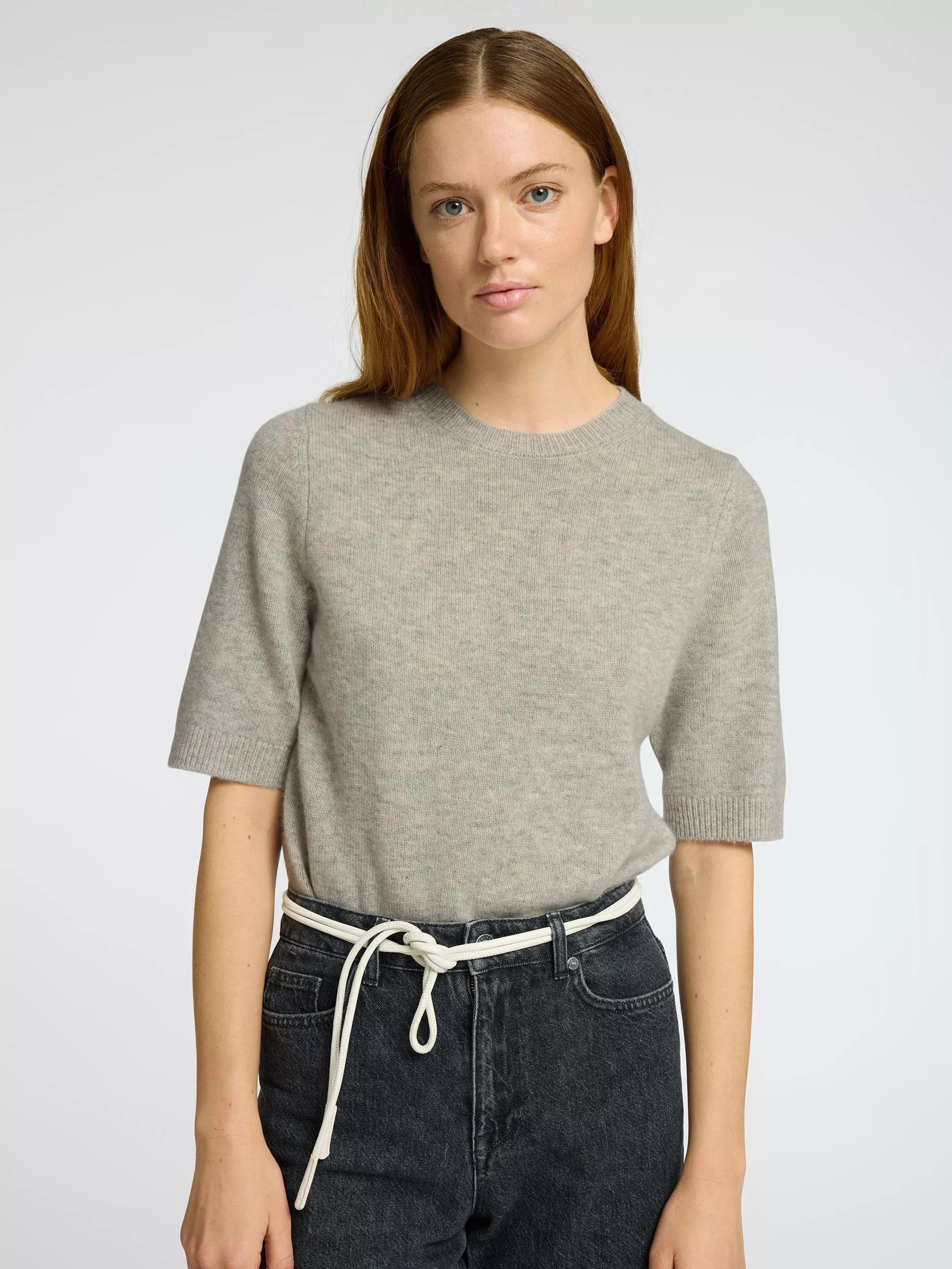 Selected Cille Wool Cashmere Blend Short Sleeve Jumper, Light Grey Melange | John Lewis (UK)