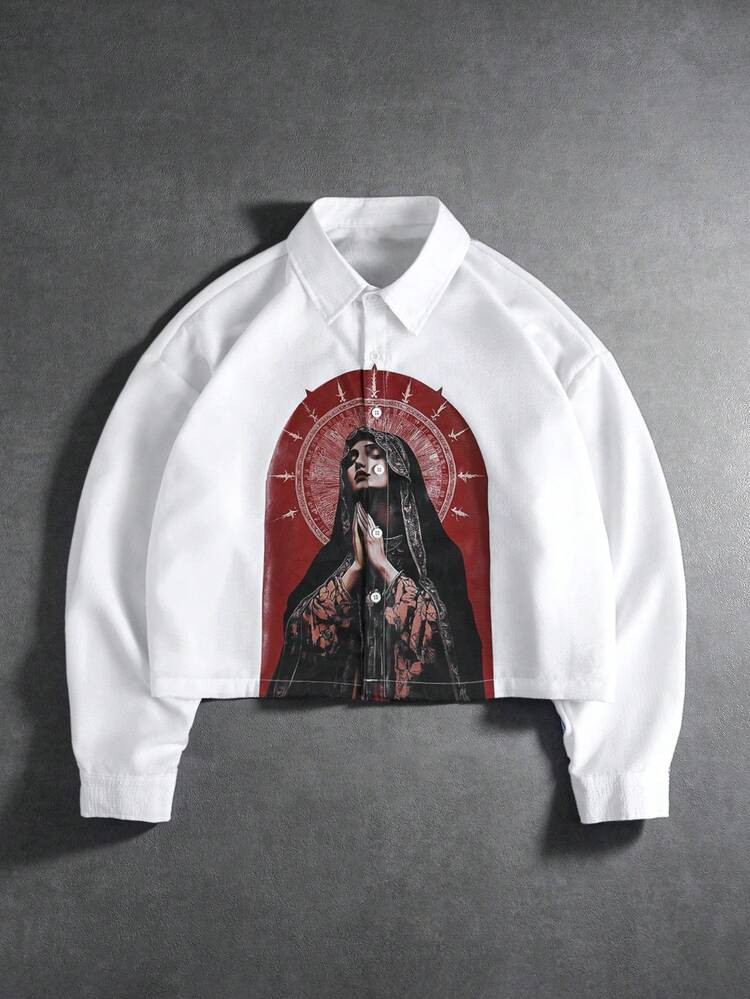 PAVTROS Men's Casual Long Sleeve Short Dropped Shoulder Fashionable Front Button Printed Shirt Men Religious Shirt Virgin Mary Shirt Religious Shirt Catholic Shirt | SHEIN