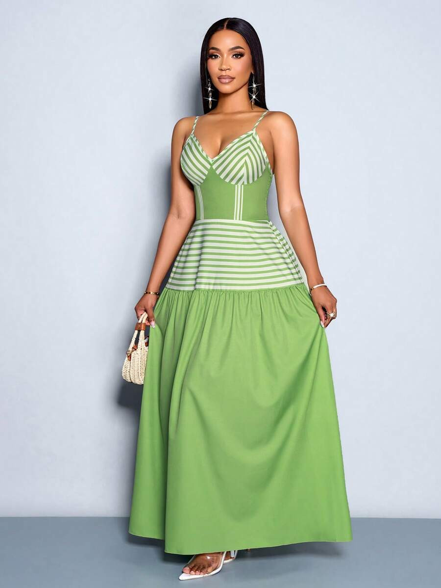 SOLERSUN Women's Casual Vacation Dress, Green Striped Placement Print, Flared A-Line Skirt, Elega... | SHEIN