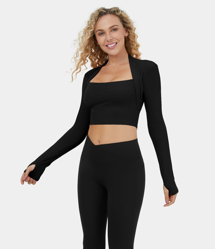 Cloudful™ Fabric Long Sleeve Thumb Hole 2-in-1 Cropped Yoga Sports Top | HALARA