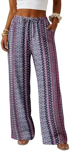 Lepunuo Wide Leg Palazzo Pants for Women Summer Flowy Drawstring Elastic Waist Trousers Loose Fit... | Amazon (US)