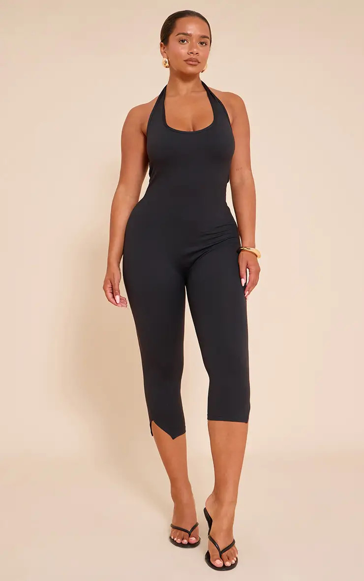 Black Sculpt Halterneck Capri Jumpsuit | PrettyLittleThing USA | PrettyLittleThing US
