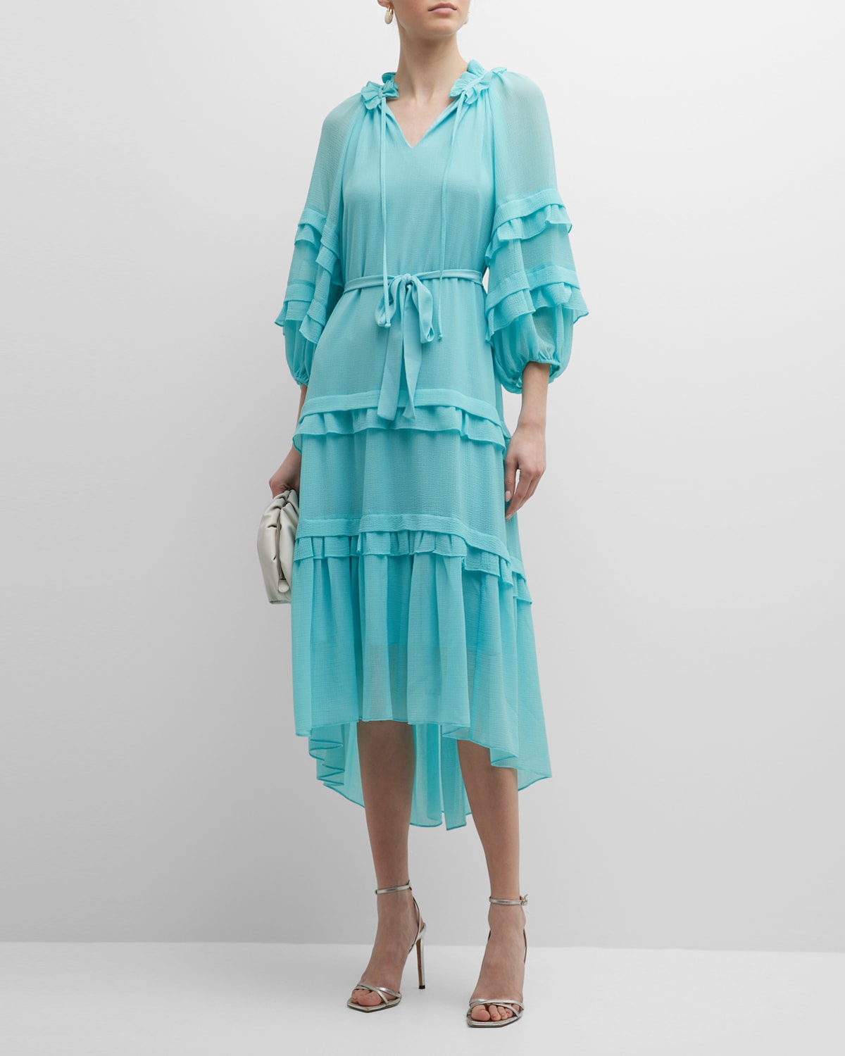 Koa Tiered Blouson-Sleeve High-Low Midi Dress | Neiman Marcus