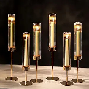 NUPTIO Hurricane Candle Holder for Centerpiece: Set of 6 Tall Candle Stick Holder with Ribbed Gla... | Amazon (US)