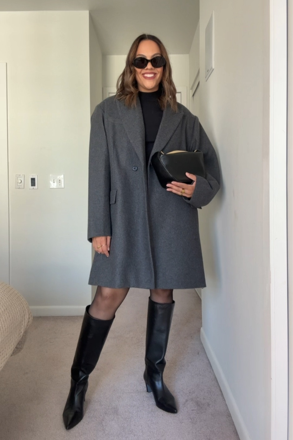 Fall outfit idea!
-COS gray wolf, oversize blazer, I have a size medium.
-H&M black shear tights, a size large.
-Celine Triomphe sunglasses. 
-Poppy Barley black knee-high heeled leather boots. I have calf width 3. 
-Fitted mockneck black dress, similar linked.



#LTKcanada #LTKstyletip #LTKautumn