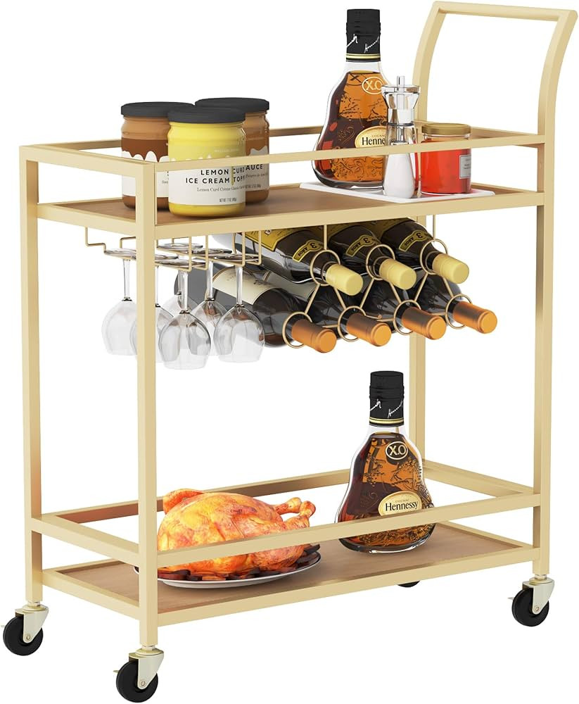 JBBCN Wine Bar Serving Cart for Home, Wine Trolley Rolling Bar Cart with Wheels, Handle, Metal Wo... | Amazon (US)