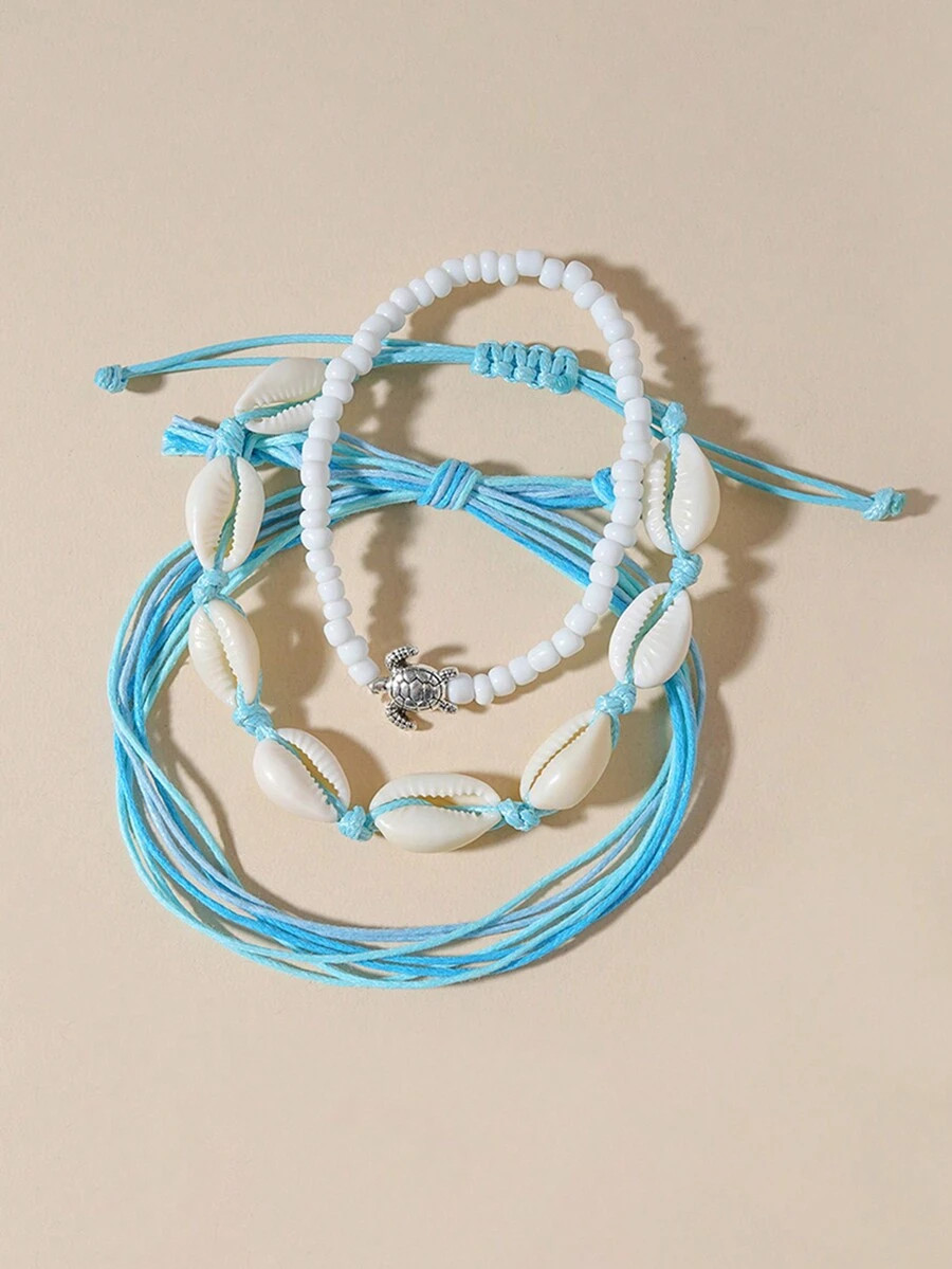 3pcs Bohemian Beach Vacation Style Shell & Turtle Beaded Bracelet Set | SHEIN