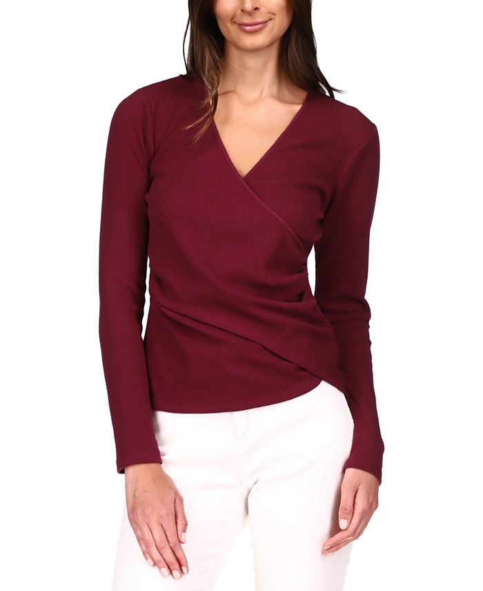 Michael Kors Ribbed Faux-Wrap Top, Regular & Petite & Reviews - Tops - Women - Macy's | Macys (US)