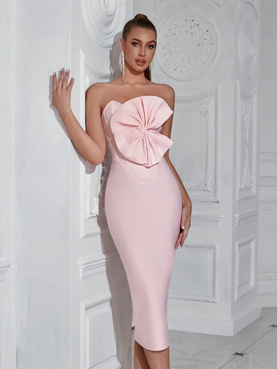 ADYCE 3d Bowknot Design Color Block Strapless Bodycon Bandage Dress | SHEIN