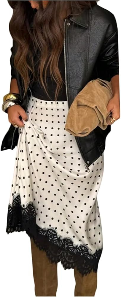 Verdusa Women's Polka Dots Lace Satin Skirt Elegant Midi Skirts Brunch Outfits | Amazon (US)