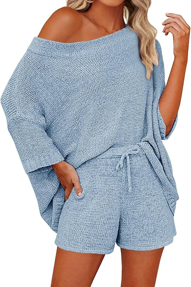 Mafulus Women's 2 Piece Outfits Sweater Sets Off Shoulder Knit Top Shorts Matching Suits Cute Paj... | Amazon (US)