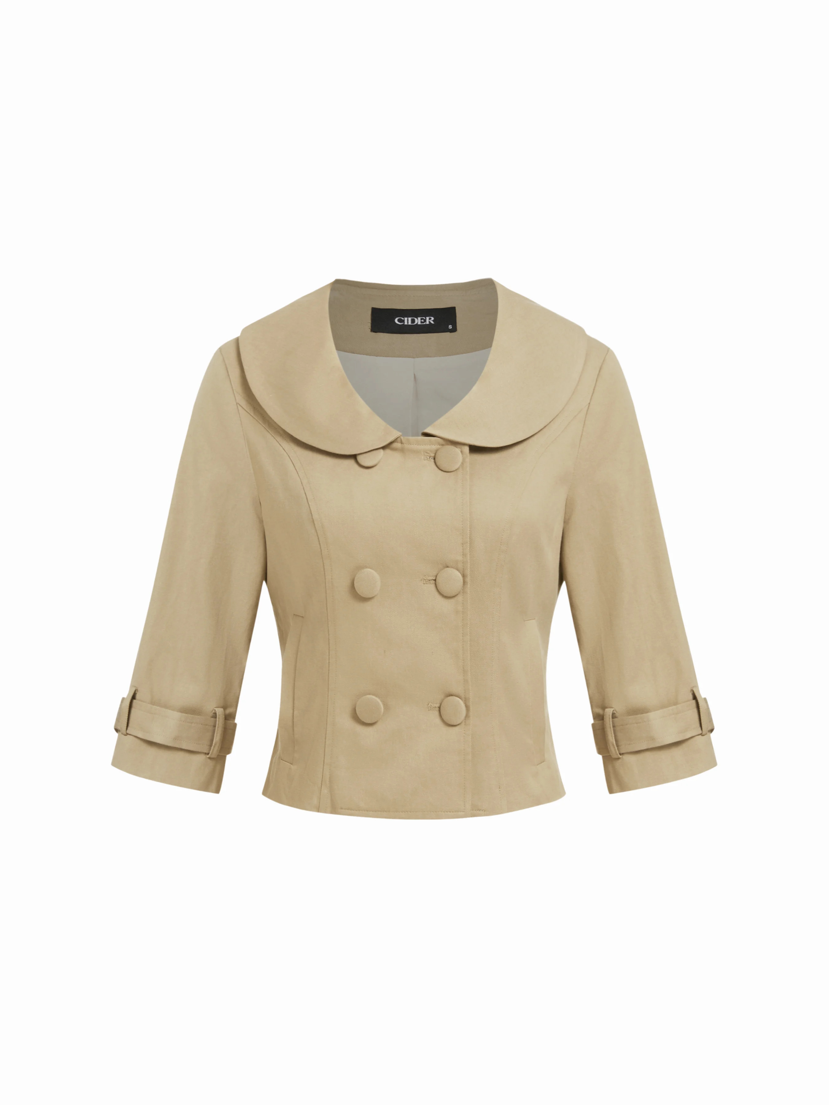 Woven Cotton-blend Peter Pan Collar Double Breasted Jacket For Daily Casual Work | Cider