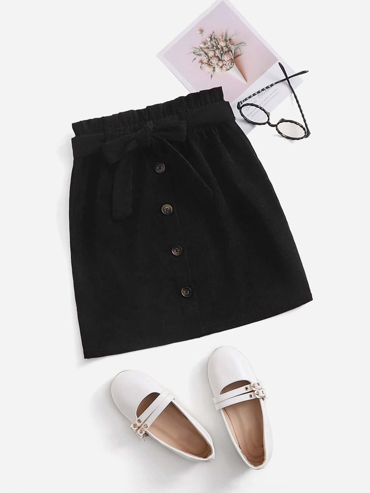 SHEIN Girls Paperbag Waist Belted Button Front Skirt | SHEIN
