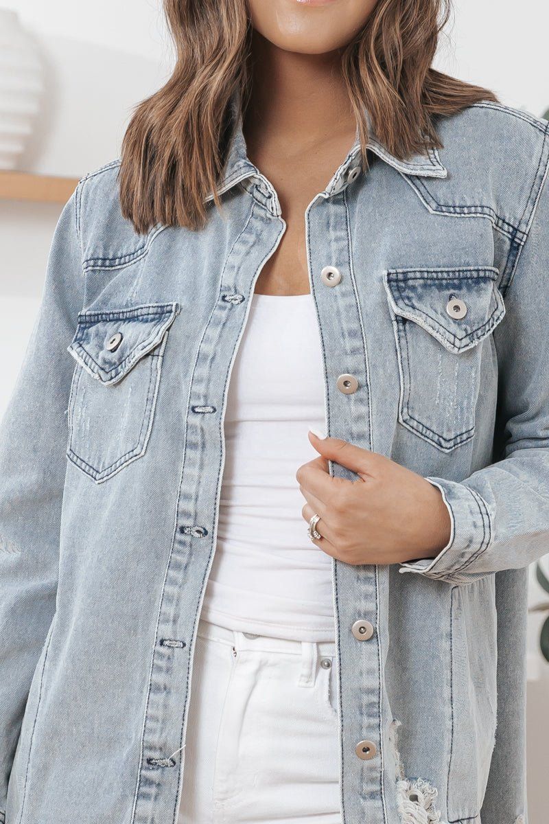 Small Town Light Wash Distressed Denim Shacket - FINAL SALE | Magnolia Boutique