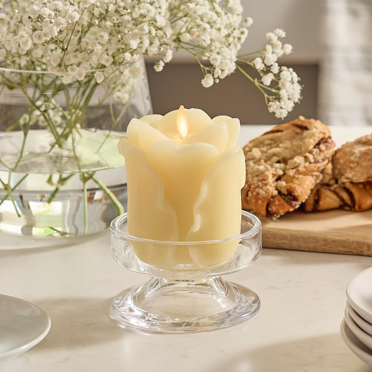 Luminara Lemon Chiffon Rose Flameless Candle - 3.6" x 4.3" Rosebud Pillar - Real Flame Technology... | Amazon (US)