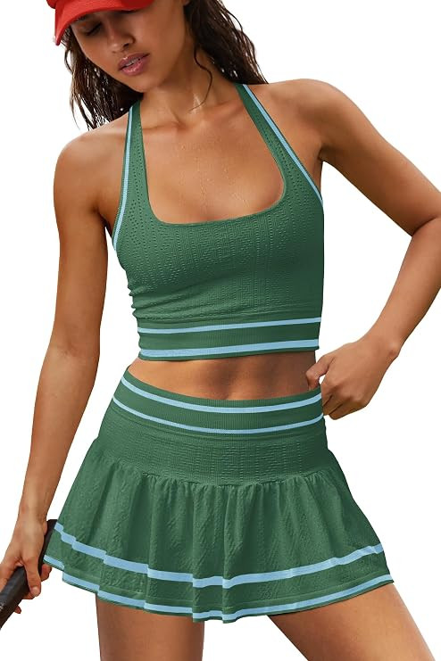 LAMISSCHE Seamless Athletic Skirt Set Square Neck Tank Pleated Skort Set | Contrast Piping, Halte... | Amazon (US)