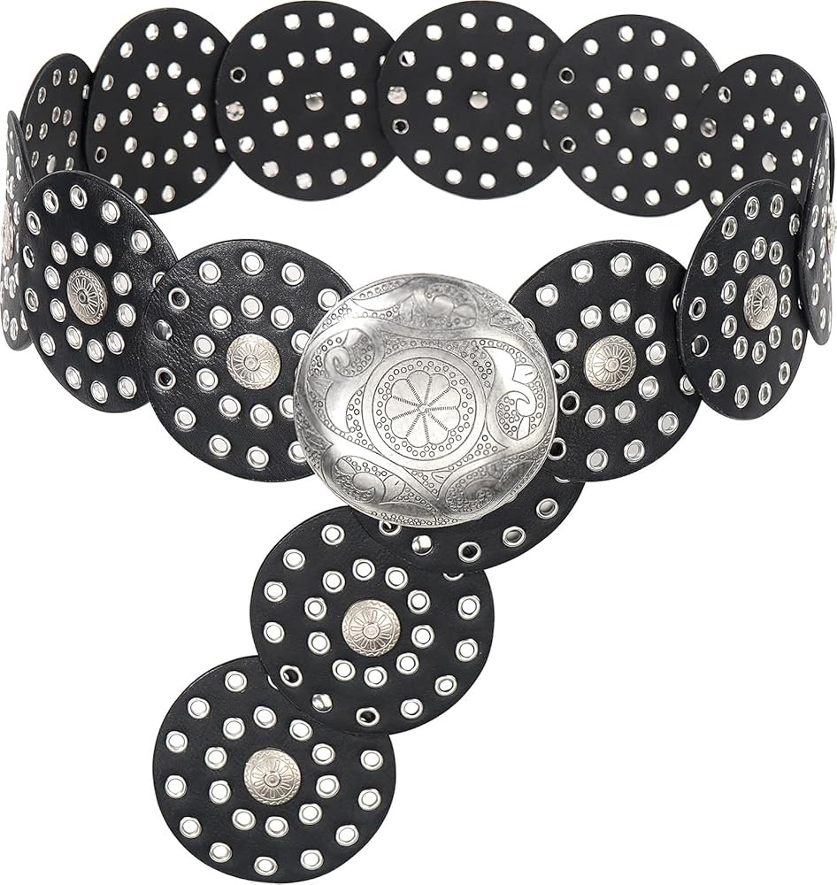 Wide Disc Belt for Women Vintage Hollow Boho Leather Belt Western Chunky Waist Belt Cowboy Metal ... | Amazon (US)