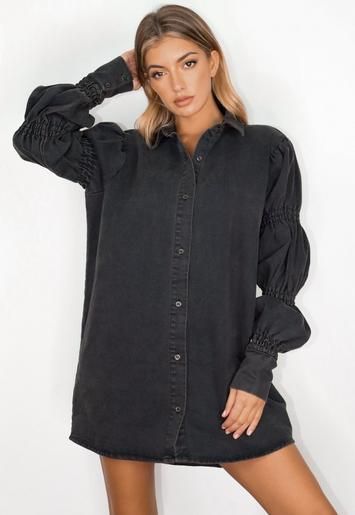 Black Elasticated Puff Sleeve Denim Shirt Dress | Missguided (US & CA)