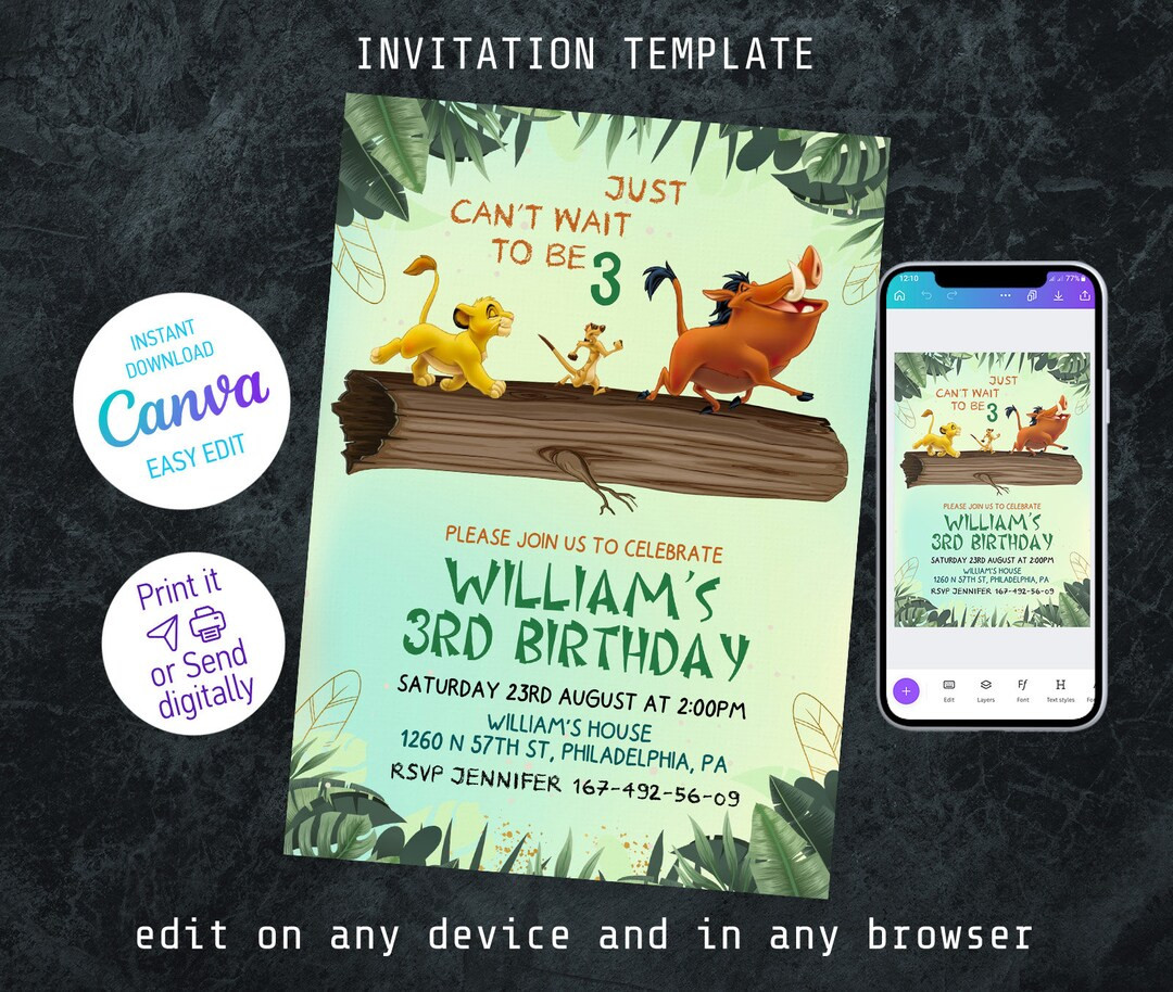 Lion King Birthday Invitation, Simba Invite, Printable Editable Party Invite Template, Hakuna Mat... | Etsy (US)