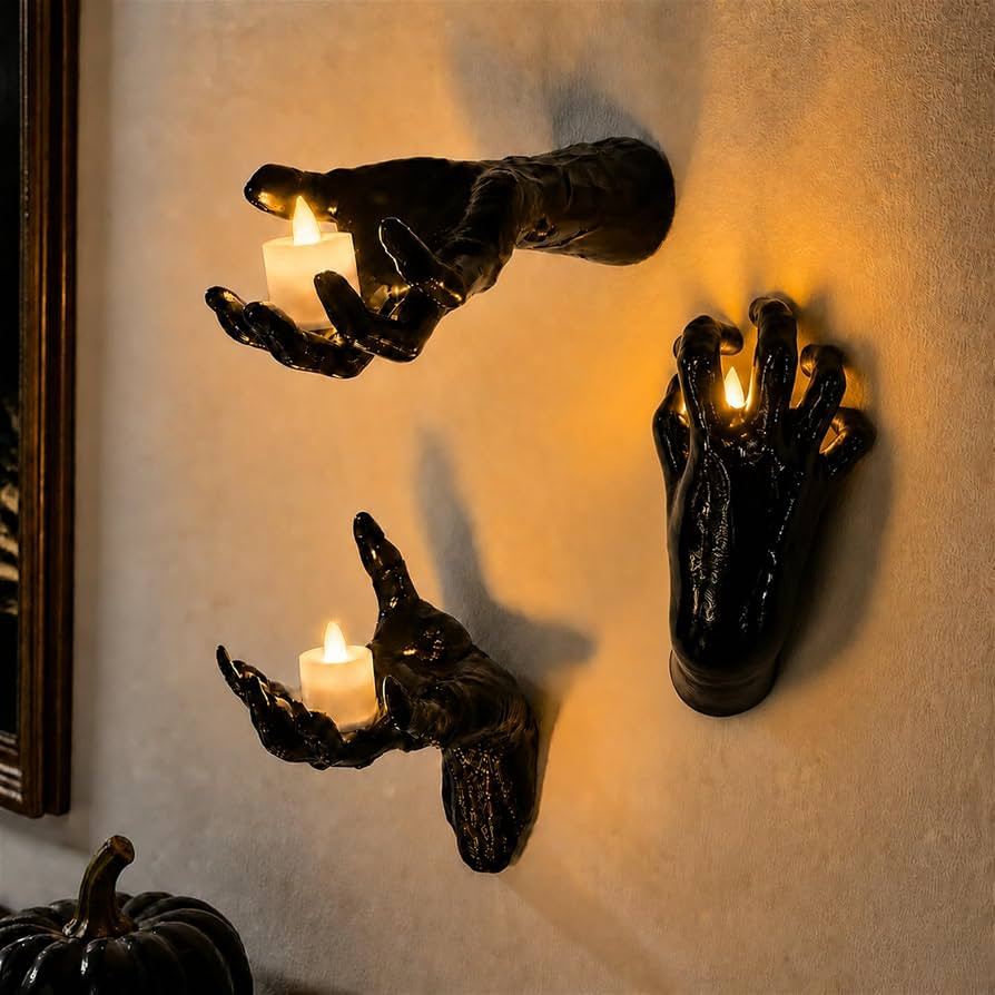 [3 Pack] Life-Sized Creepy Reaching Hands with Lighted Candles, Wall Mounted Scary Halloween Deco... | Amazon (US)