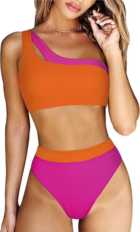 RXRXCOCO Women One Shoulder High Waisted Bikini Set Color Block High Cut 2 Piece Swimsuit Bathing... | Amazon (US)