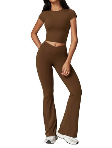 ABOCIW Workout Sets for Women Cap Sleeve Workout Crop Top Athletic Shirts Crossover High Waist Flare Leggings 2 Piece Gym Yoga Outfits Brown Small | Amazon (US)