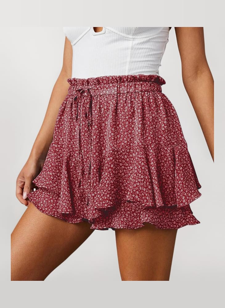 Oyamiki Floral Skorts for Women UK Mini Ruffle Skirt Pleated Summer Casual Flowy Skirts Elastic W... | Amazon (UK)