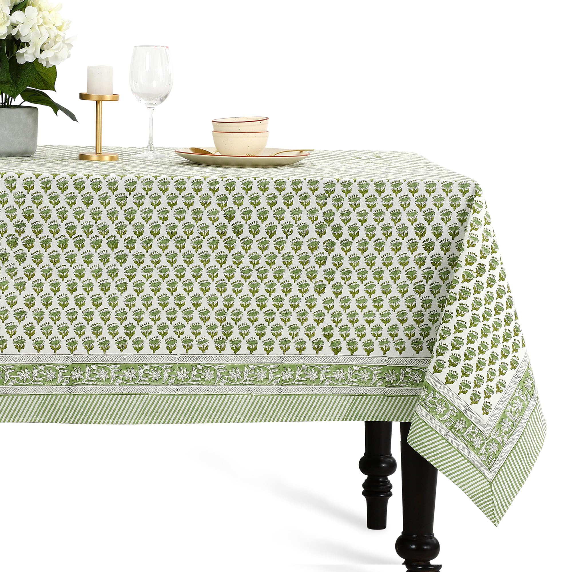 CPC Tablecloth 100% Cotton 70x108 Inch Indian Block Print Rectangle Table Cover, Green Table Cloth for Weddings, Spring/Summer, Barbeque - Emerald Green | Amazon (US)