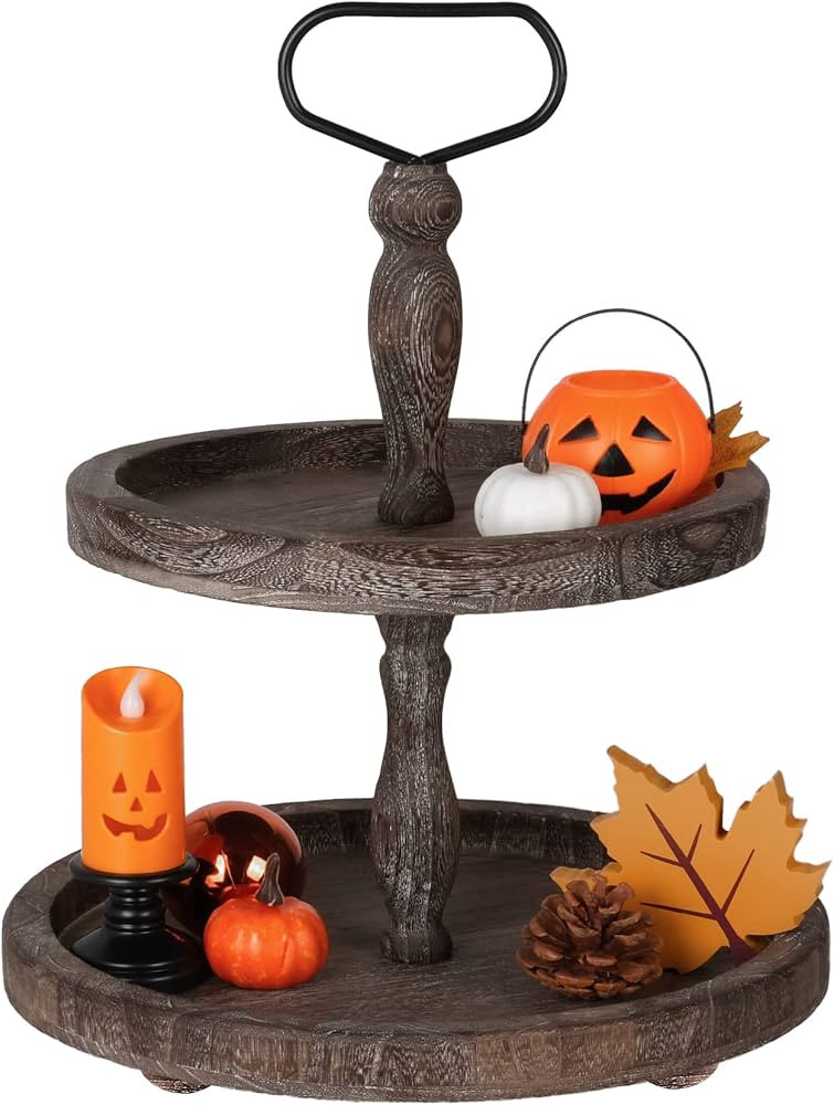Amazon.com: Mustry Rustic Wooden 2 Tiered Tray, Round Farmhouse Kitchen Table Decor Serving Tier ... | Amazon (US)