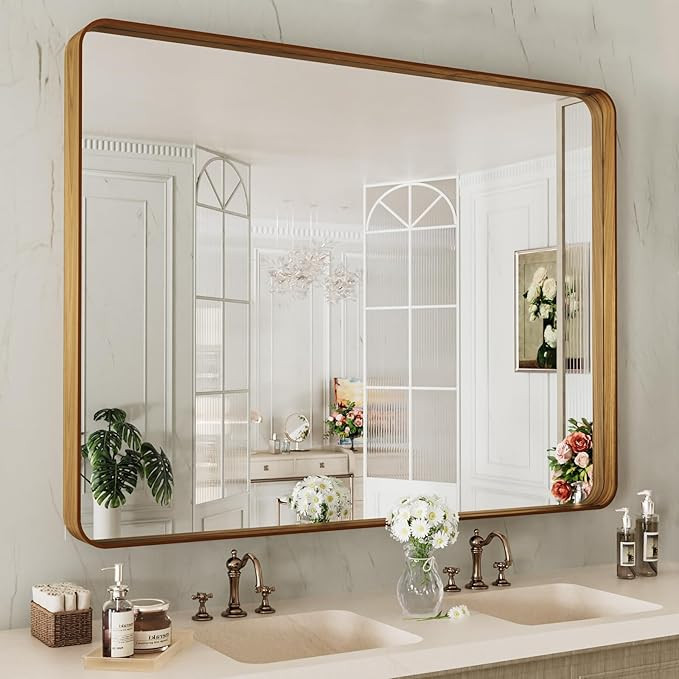 LOAAO 48X36 Inch Bathroom Mirror with Wood Grain Colored Metal Frame, Rounded Rectangle Metal Fra... | Amazon (US)