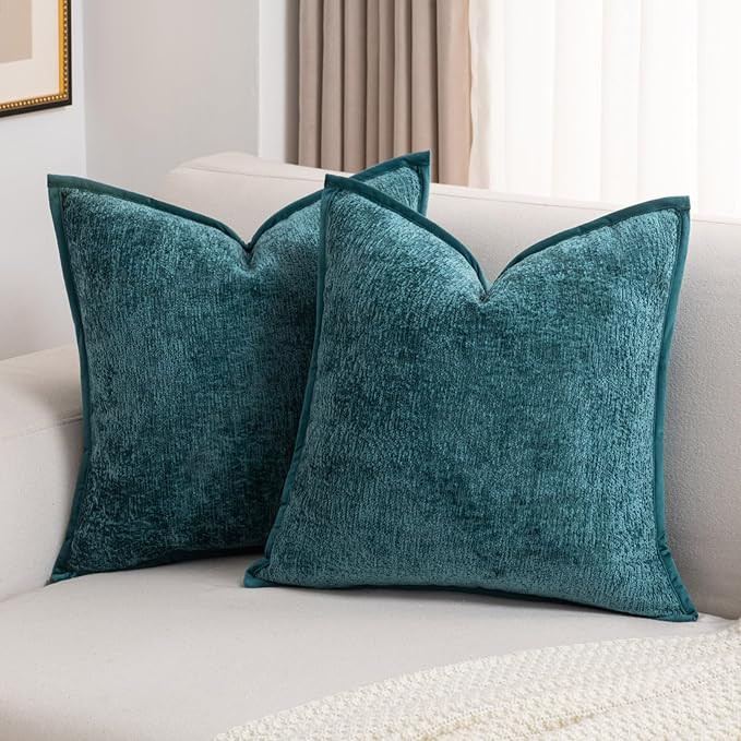 FUTEI Teal Chenille Throw Pillow Covers 18x18 Inch Set of 2,Soft Cozy Bound Edge Design Cushion C... | Amazon (US)