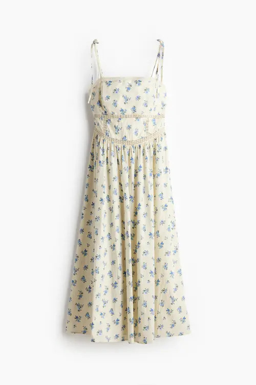 H&M Tie-strap Cotton Dress in Light Yellow/floral at Nordstrom, Size Medium | Nordstrom