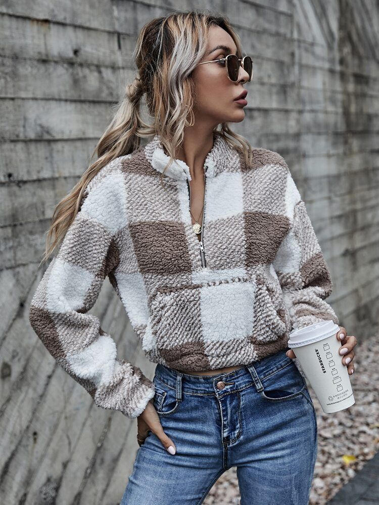 Drop Shoulder Kangaroo Pocket Buffalo Plaid Teddy Pullover | SHEIN