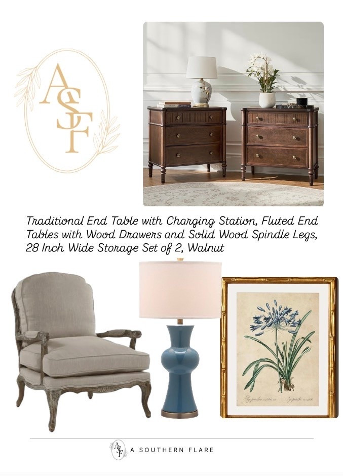 Chic walnut tables for your living space. These tables add both style and storage! #HomeDecor #LivingRoomInspo / art/ table lamps / side chair /Amazon Home
