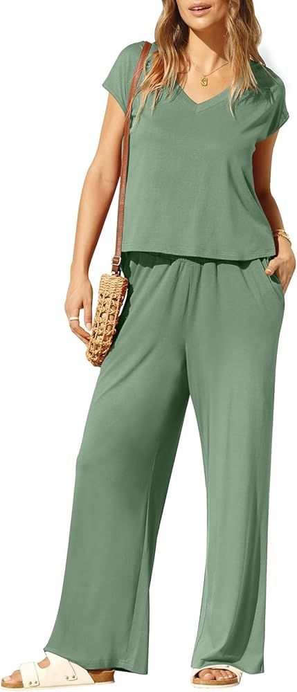 Yousify Women's Summer 2 Piece Outfits V Neck Short Sleeve Crop Top Wide Leg Pants Lounge Matchin... | Amazon (US)
