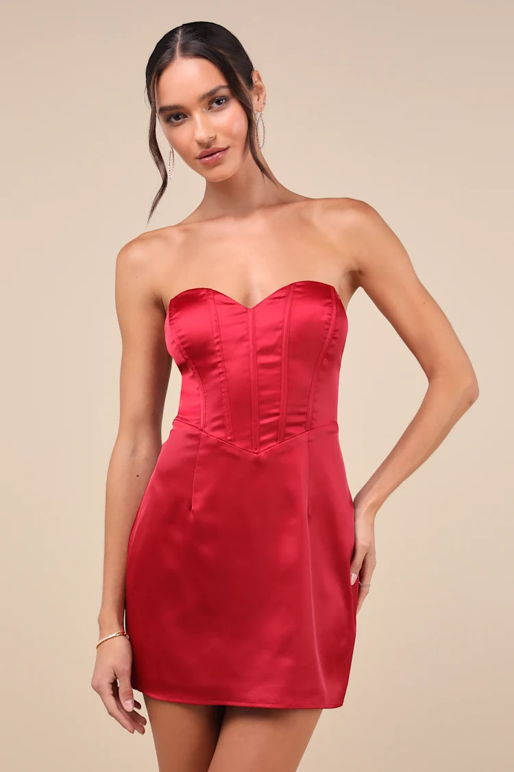 Sexy Perfection Wine Red Satin Strapless Bustier Mini Dress | Lulus