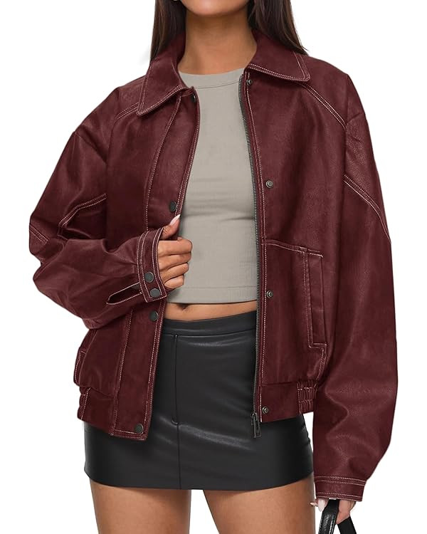 PRETTYGARDEN Faux Leather Jacket Women Bomber Motorcycle Zip Up Jackets Oversized Fall Fashion Ou... | Amazon (US)