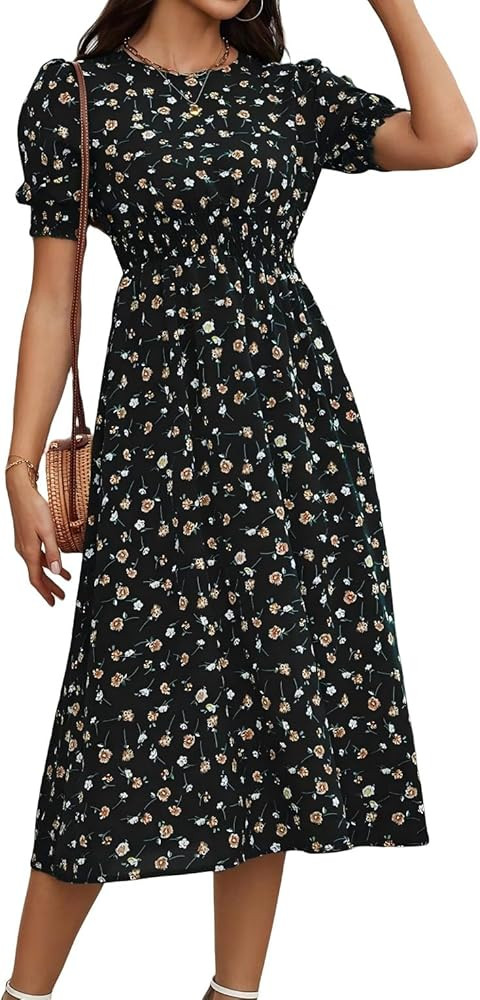 Women's Floral A-Line Midi Dress with Smocked Waist & Short Sleeves, Spring Summer Party Dress | Amazon (US)