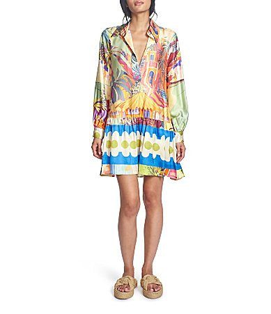 COREY LYNN CALTER Sybil Printed Satin Collar V-Neck Long Sleeve Dress - M | Dillard's