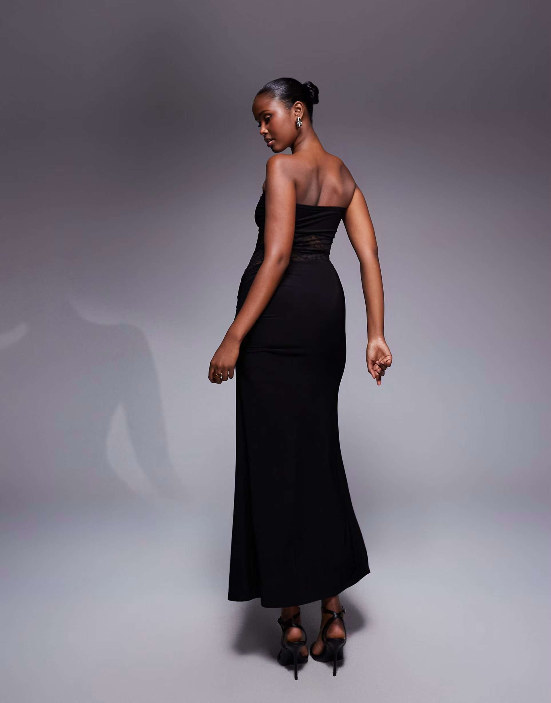 Kaiia exclusive double layered slinky bandeau sheer lace panel maxi dress in black | ASOS | ASOS (Global)