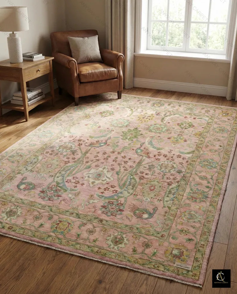 Vintage Turkish Floral Wool Carpet | Hand Knotted Pink Oushak Rug - Etsy | Etsy (Global)