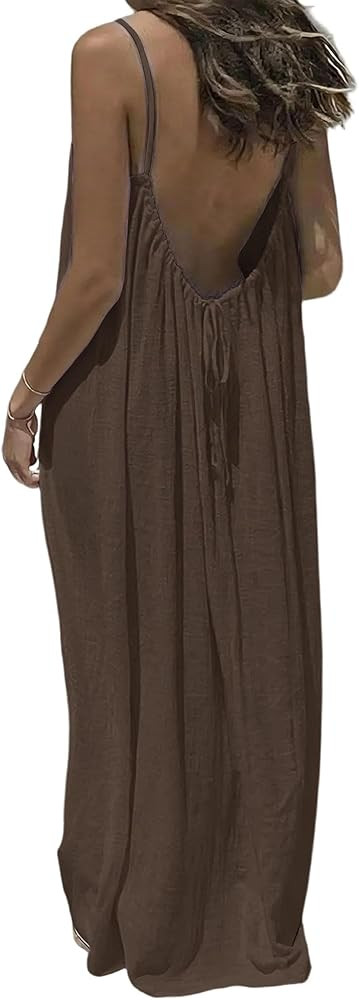 Women’s Summer Maxi Dress, Backless Spaghetti Strap Beach Dress, Loose Fit Holiday Dress with A... | Amazon (US)