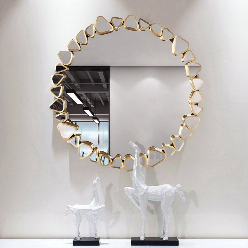 23.6"" Modern Large Gold Round Pebble Wall Mirror Decor with Geometric Frame Living Room | Homary