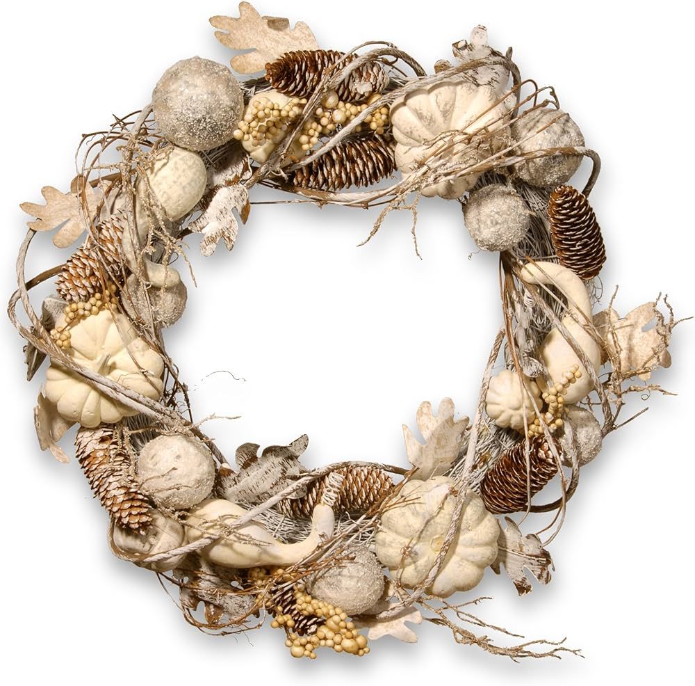 National Tree Company Artificial Autumn Wreath, White, Decorated with Pumpkins, Gourds, Pinecones... | Amazon (US)