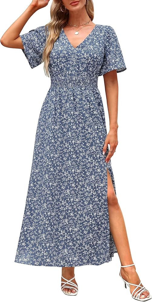 Kranda Women 2023 Summer Deep V Neck High Waist Short Sleeve Casual Long Boho Floral Swing Flowy ... | Amazon (US)
