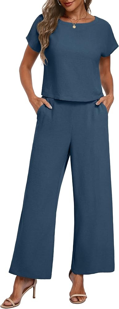 Lepunuo 2 Piece Sets for Women Summer Cap Sleeve Crop Top Wide Leg Pants Matching Lounge Set Vaca... | Amazon (US)