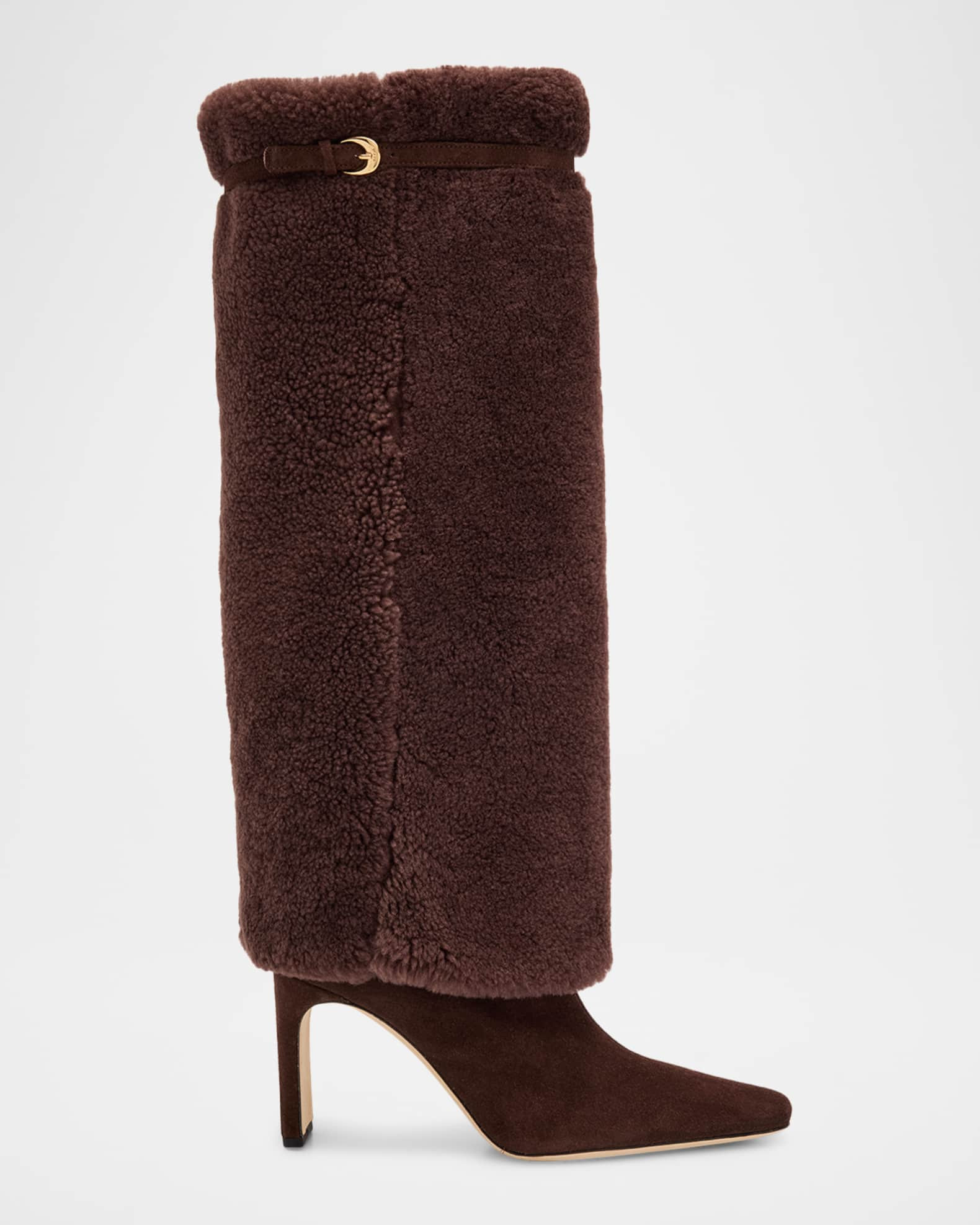 90mm Wally Shearling Foldover Suede Knee-High Boots | Neiman Marcus