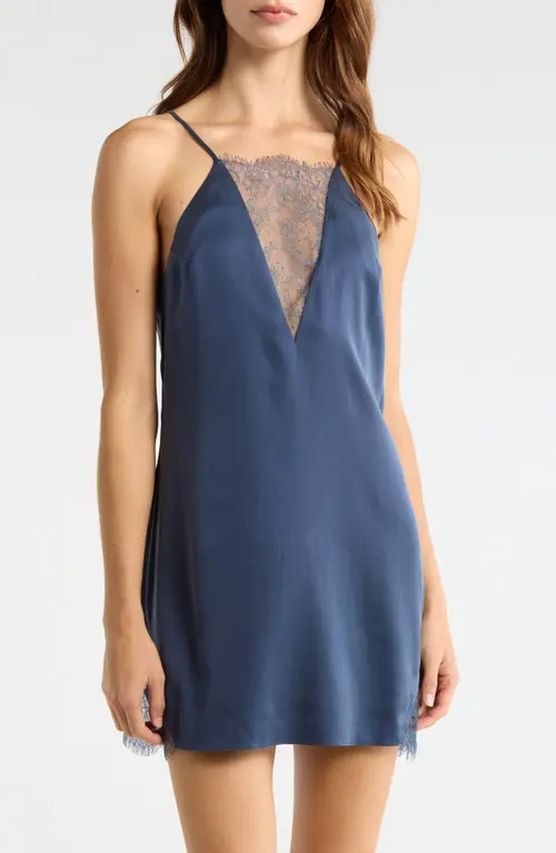 Lunya Lace Plunge Washable Silk Chemise in Deep Blue at Nordstrom, Size X-Large | Nordstrom